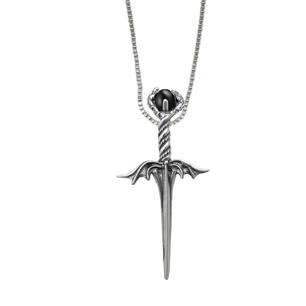 Sterling Silver Dragon Destiny Knife Dagger Pendant With Black Onyx